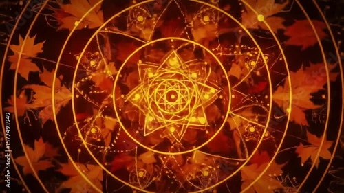 Golden spiritual symbol spins with glowing particles over autumn leaves background seamless loop