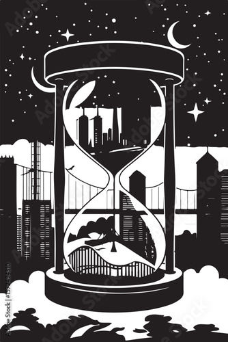 Black and White Surreal Hourglass Illustration Featuring Twin Cityscapes and Multiple Airplanes Beneath a
