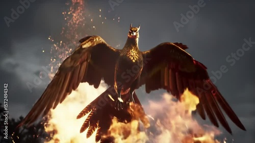 Mythical golden phoenix flies up from large fire with sparks against dark sky