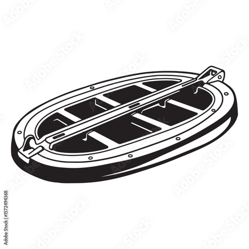 Black and white vector illustration of a vintage boat hatch or porthole cover design.