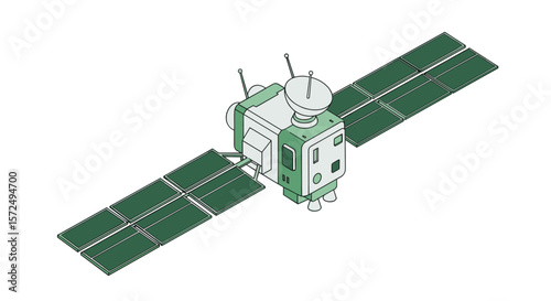 Isometric satellite with solar panels in green and gray tones