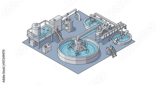 Isometric wastewater treatment plant diagram with detailed industrial equipment