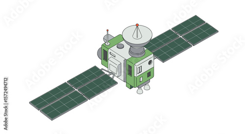 Isometric satellite design with solar panels and antenna in green and gray tones