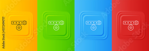 White Collar with name tag icon isolated on colorful background. Simple supplies for domestic animal. Cat and dog care. Pet chains. Set icons in square buttons. Vector