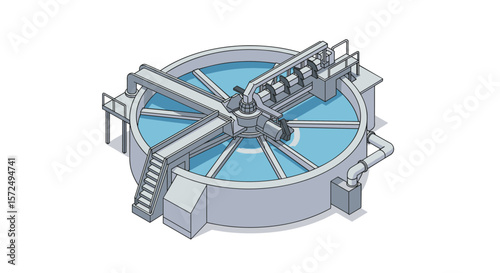 Isometric water treatment facility diagram with circular clarifier and filtration system