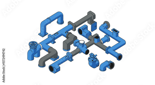 Isometric plumbing system with blue and gray pipes on white background