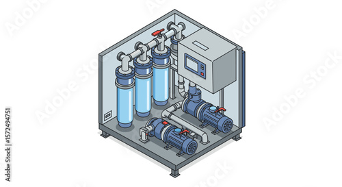 Modern isometric water filtration system design with industrial components