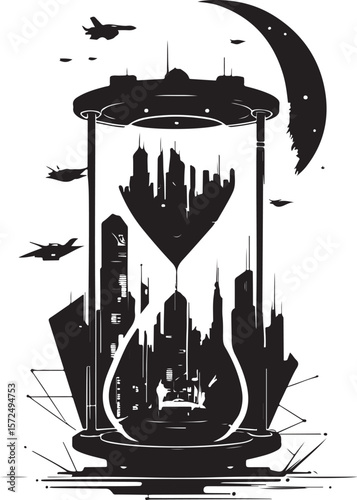 Black and White Surreal Hourglass Illustration Featuring Twin Cityscapes and Multiple Airplanes Beneath a