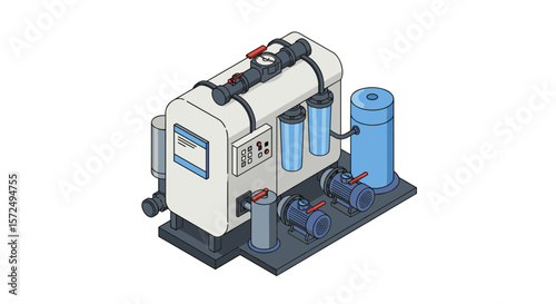 Isometric water filtration system with pumps and filters on white background