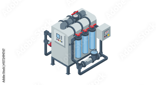 Modern industrial water filtration system in isometric design
