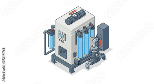 Isometric water filtration system with pipes and valves