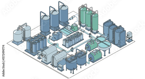 Isometric industrial water treatment plant layout with detailed equipment