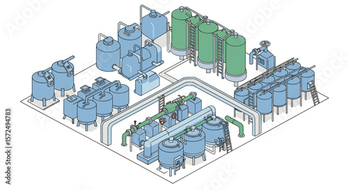 Isometric industrial water treatment plant with tanks and pipes in blue and green
