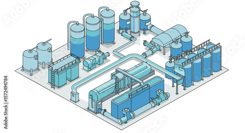 Isometric industrial water treatment plant with detailed equipment and tanks