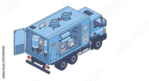 Isometric mobile water purification truck with open compartments and equipment