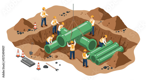 Construction workers installing large pipelines in excavation site isometric view