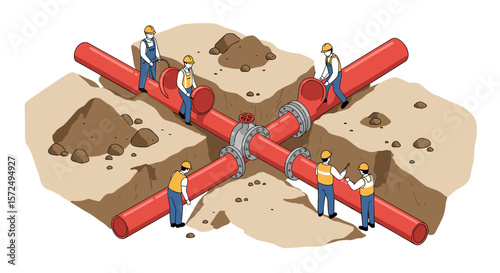 Workers assembling red pipes in construction site with trenches