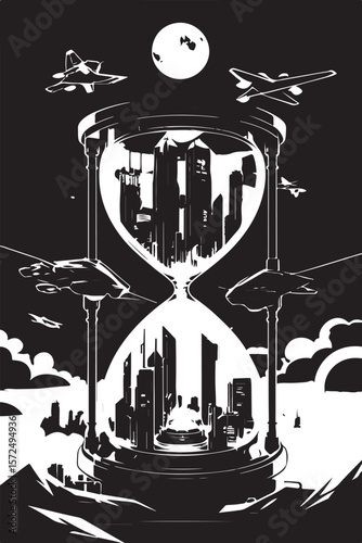 Black and White Surreal Hourglass Illustration Featuring Twin Cityscapes and Multiple Airplanes Beneath a