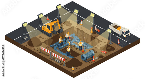 Isometric urban construction scene with workers and machinery under street lights