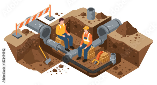 Isometric construction workers installing underground pipeline in urban area