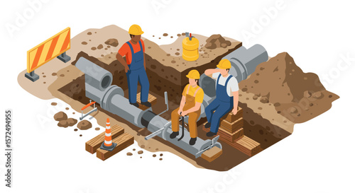 Construction workers inspecting underground pipeline installation in isometric style