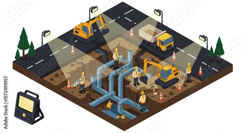 Isometric construction site scene with heavy machinery and workers