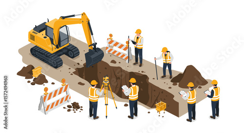 Construction site team with excavator and workers in safety gear
