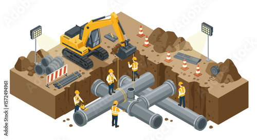 Construction crew working on underground pipeline installation in isometric style
