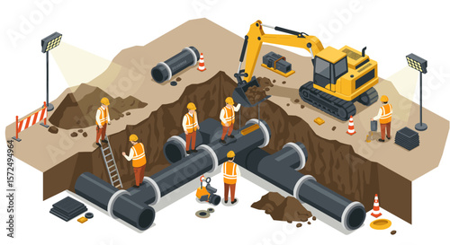 Isometric construction site with workers installing large pipeline system