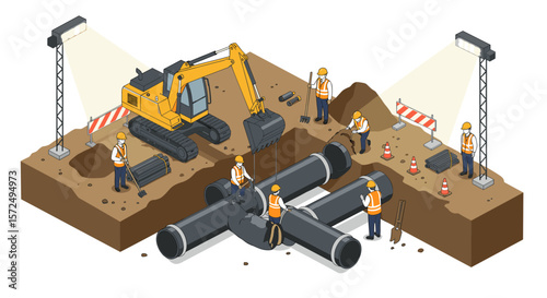 Isometric construction site with excavator and workers building pipeline