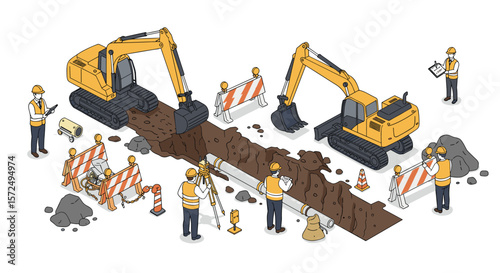 Construction site with excavators and workers in isometric style