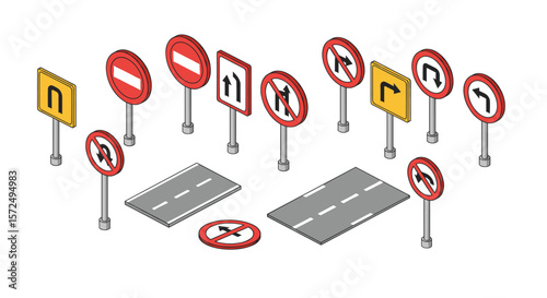 Isometric traffic signs collection with road elements for urban design
