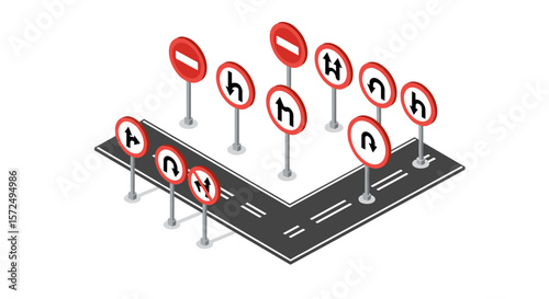 Isometric road section with traffic signs
