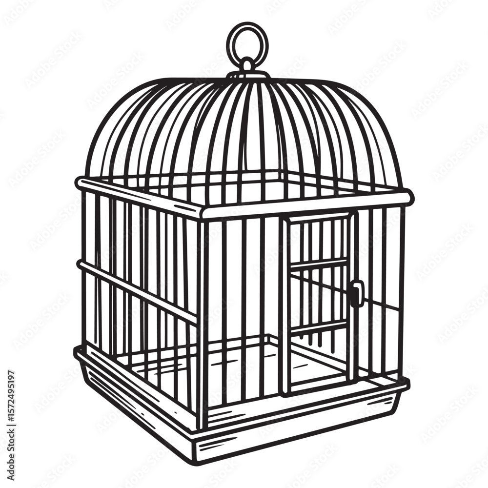 Detailed hand drawn illustration of an empty birdcage in a classic cage style