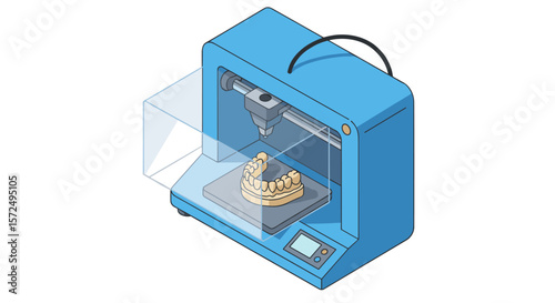 Isometric 3d printer crafting dental model in blue setup