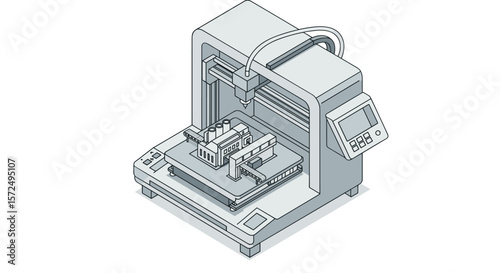 Isometric 3d printer creating building model in minimalist design