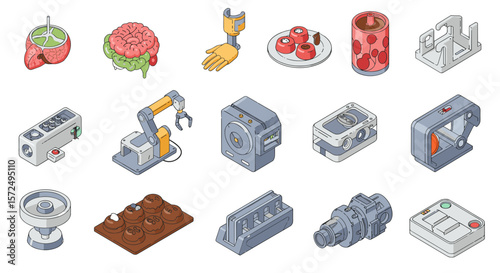 Isometric icons of technology and science gadgets and tools