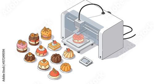 Isometric 3d printer creating assorted desserts with realistic pastries and cakes