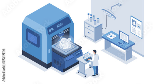 Isometric digital lab with 3d printer and scientist in a modern tech environment