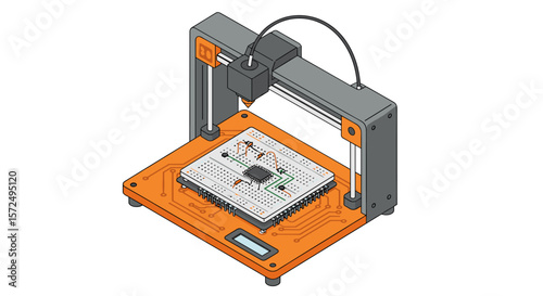 Isometric 3d printer creating microchip circuit on orange platform