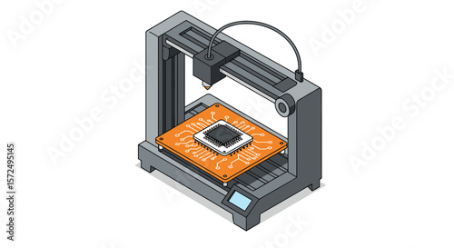 Isometric 3d printer crafting circuit board with microchip technology