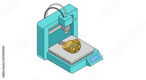 Isometric 3d printer crafting intricate gold ring design