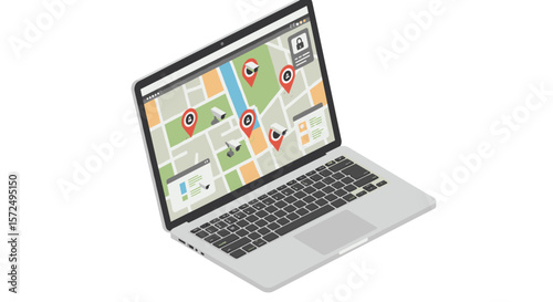 Isometric laptop with interactive map and location markers on screen