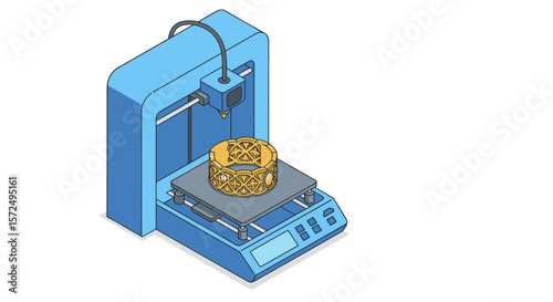Isometric 3d printer creating intricate golden bracelet on display platform