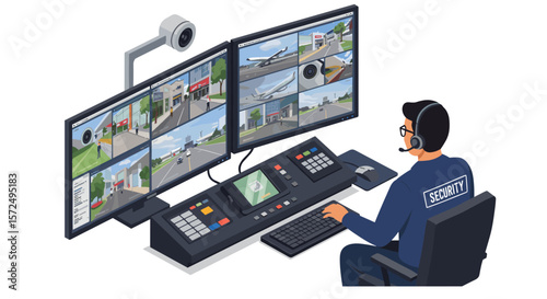 Security officer monitoring surveillance cameras in a modern control room
