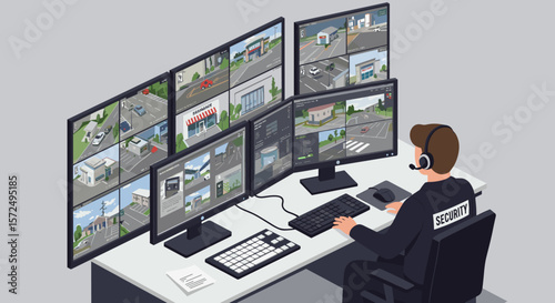 Security officer monitoring multiple surveillance screens in control room