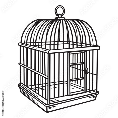 Detailed hand drawn illustration of an empty birdcage in a classic cage style