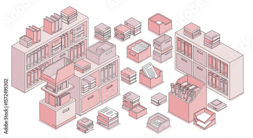 Organized office storage with isometric pastel file cabinets and boxes