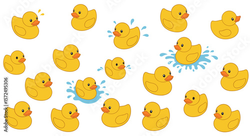 Cute cartoon yellow rubber ducks with splash effects