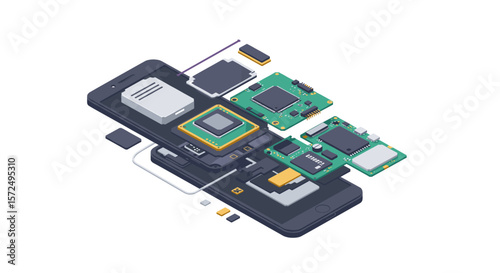 Exploded view of smartphone components in isometric style